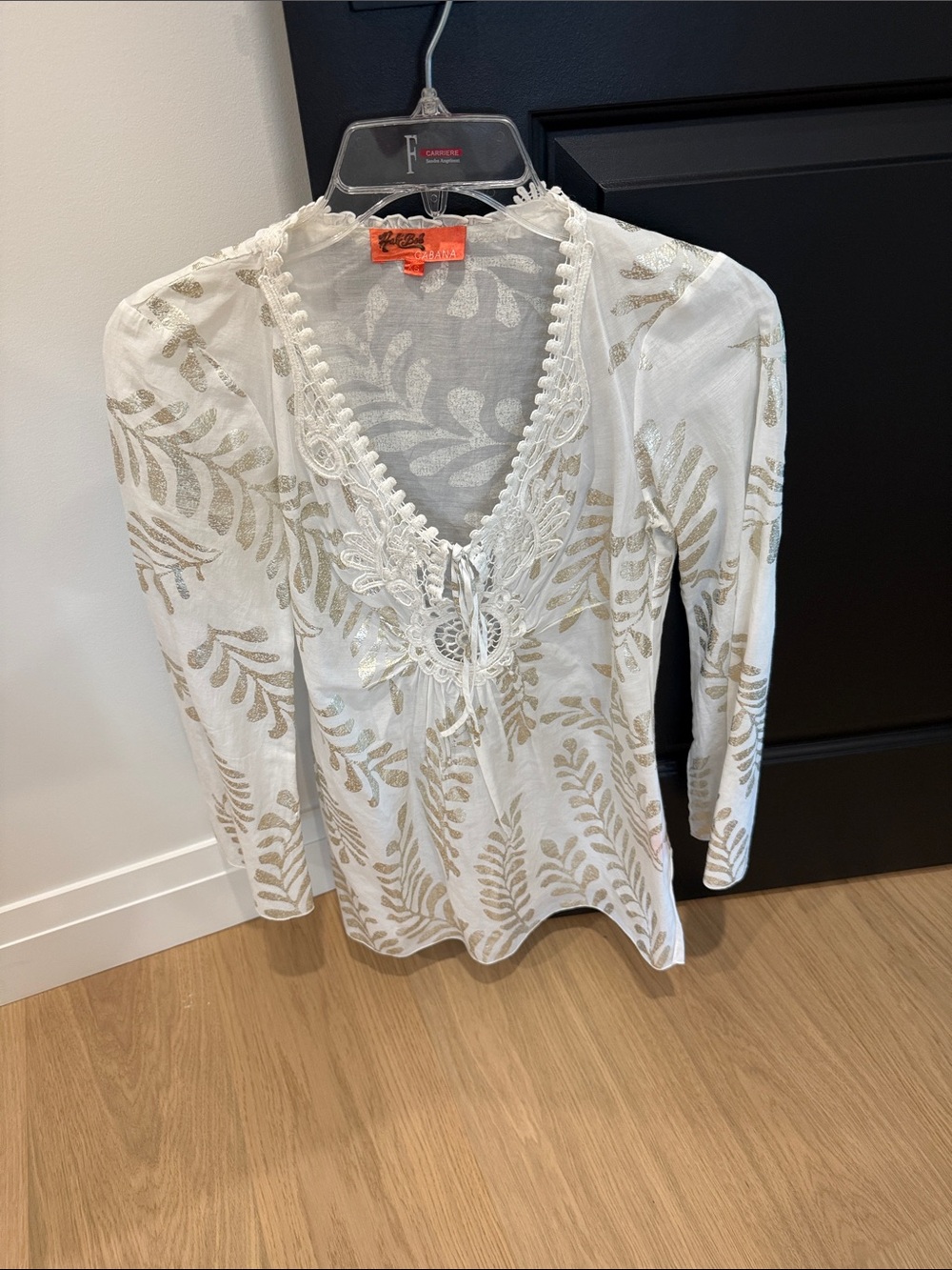 Off white Beach cover up Tunic with Metallic Leaf Lace-Trim Women's Top
